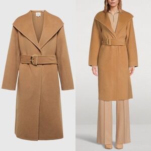 VINCE Wool Cashmere Belted Drape Neck Coat Womens 1X Brown Collar Pockets $995